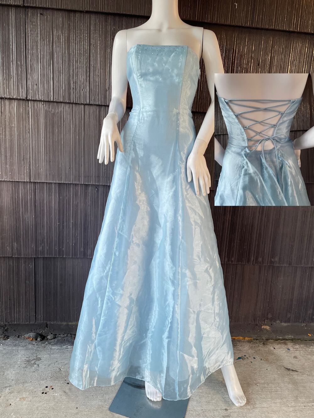 🔥VTG Y2K Fiesta Baby Blue Strapless Lace Up Corset Back Ruffle Princess Dress